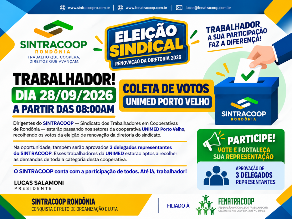 Imagem SINTRACOOP-RO realiza eleição para renovação da diretoria no dia 28 de setembro
